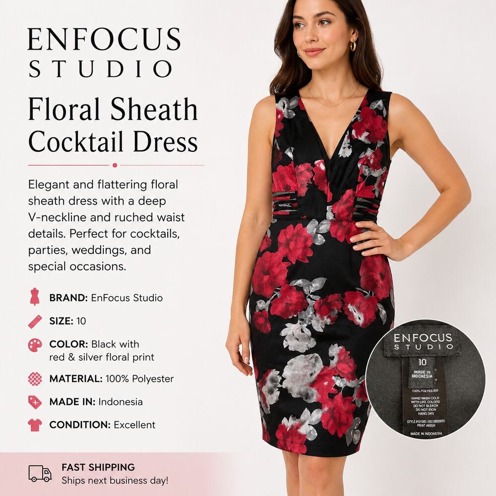 En Focus Studio Floral Sheath Dress Sz 10 Black Red Mesh Cutout V-Neck Cocktail